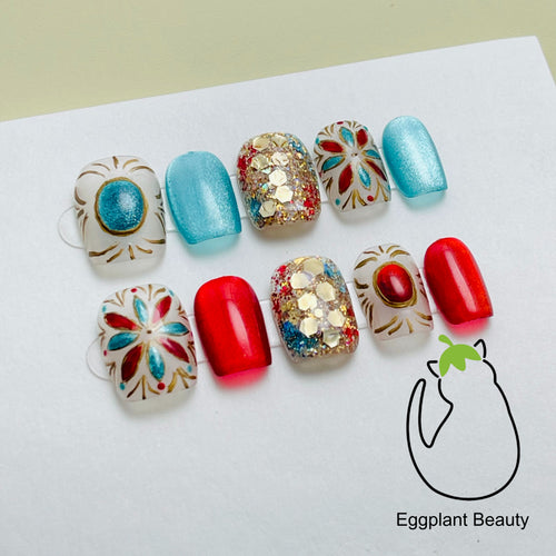 Bohemian Press On Nails - Hand-Painted Ethnic Patterns & Genuine Crystal Inlays (10Pcs)