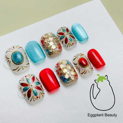 Bohemian Press On Nails - Hand-Painted Ethnic Patterns & Genuine Crystal Inlays (10Pcs)