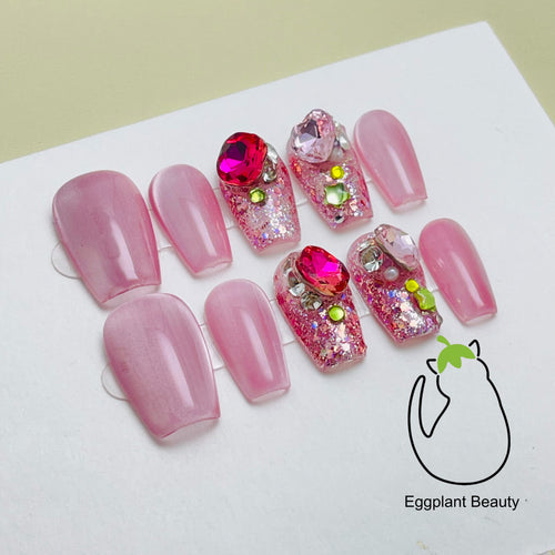 Bubblegum Pop Press On Nails Short Square - Holographic Cat Eye & Electric Pink Flash (10Pcs)