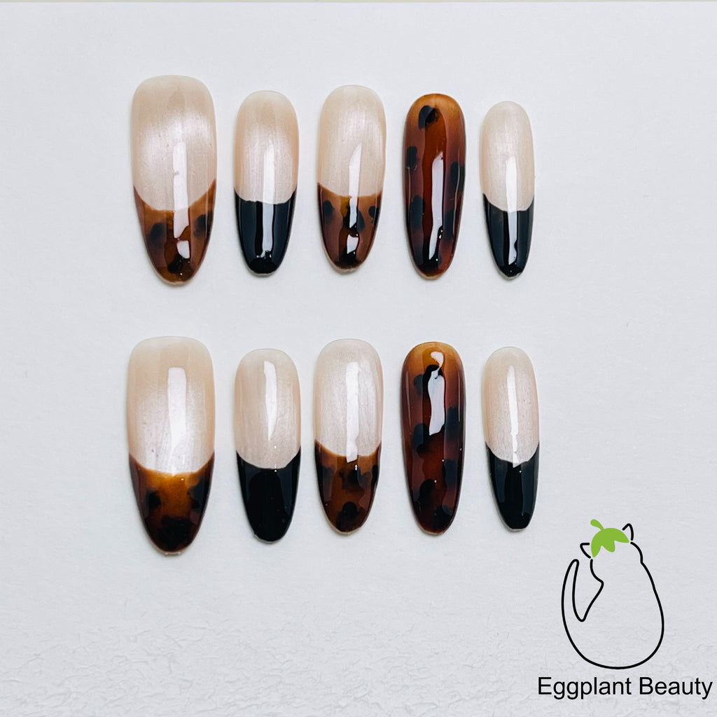 Leopard Print French Tip Press On Nails - Sultry Smoky Ombre & Magnetic Cat Eye (10Pcs)