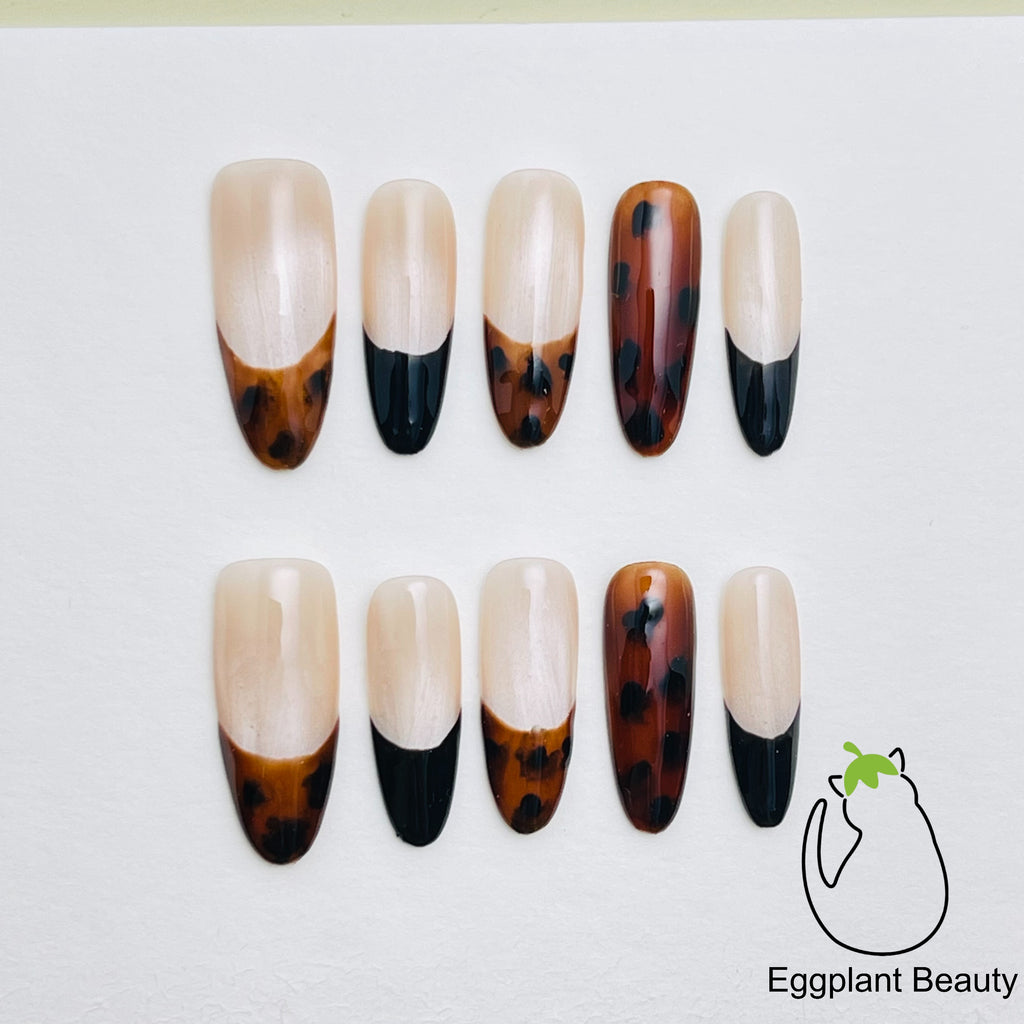 Leopard Print French Tip Press On Nails - Sultry Smoky Ombre & Magnetic Cat Eye (10Pcs)