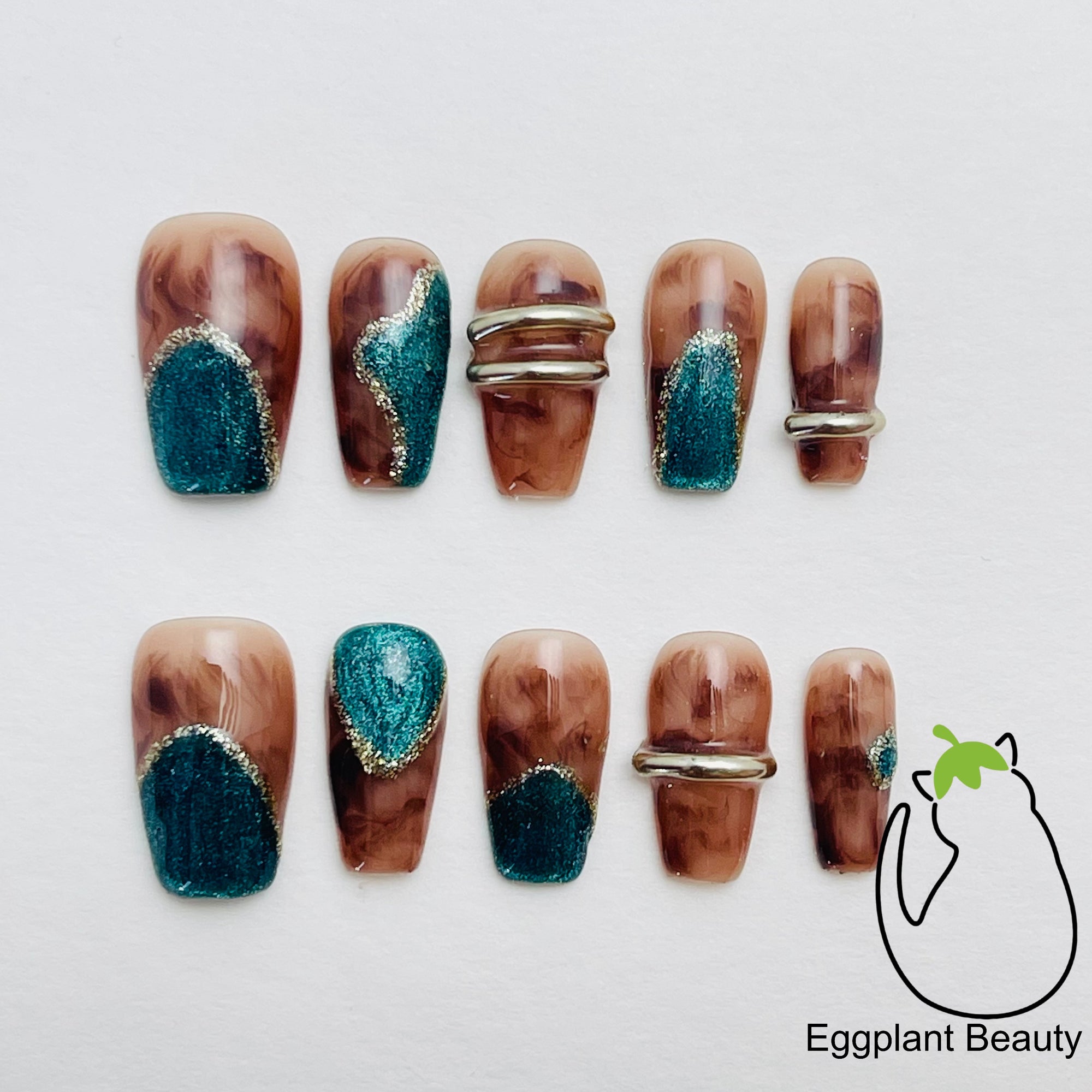 Luxe Malade Press On Nails - Amber Ombre, Green Starry Cat Eye & Gemstone Finish (10Pcs)