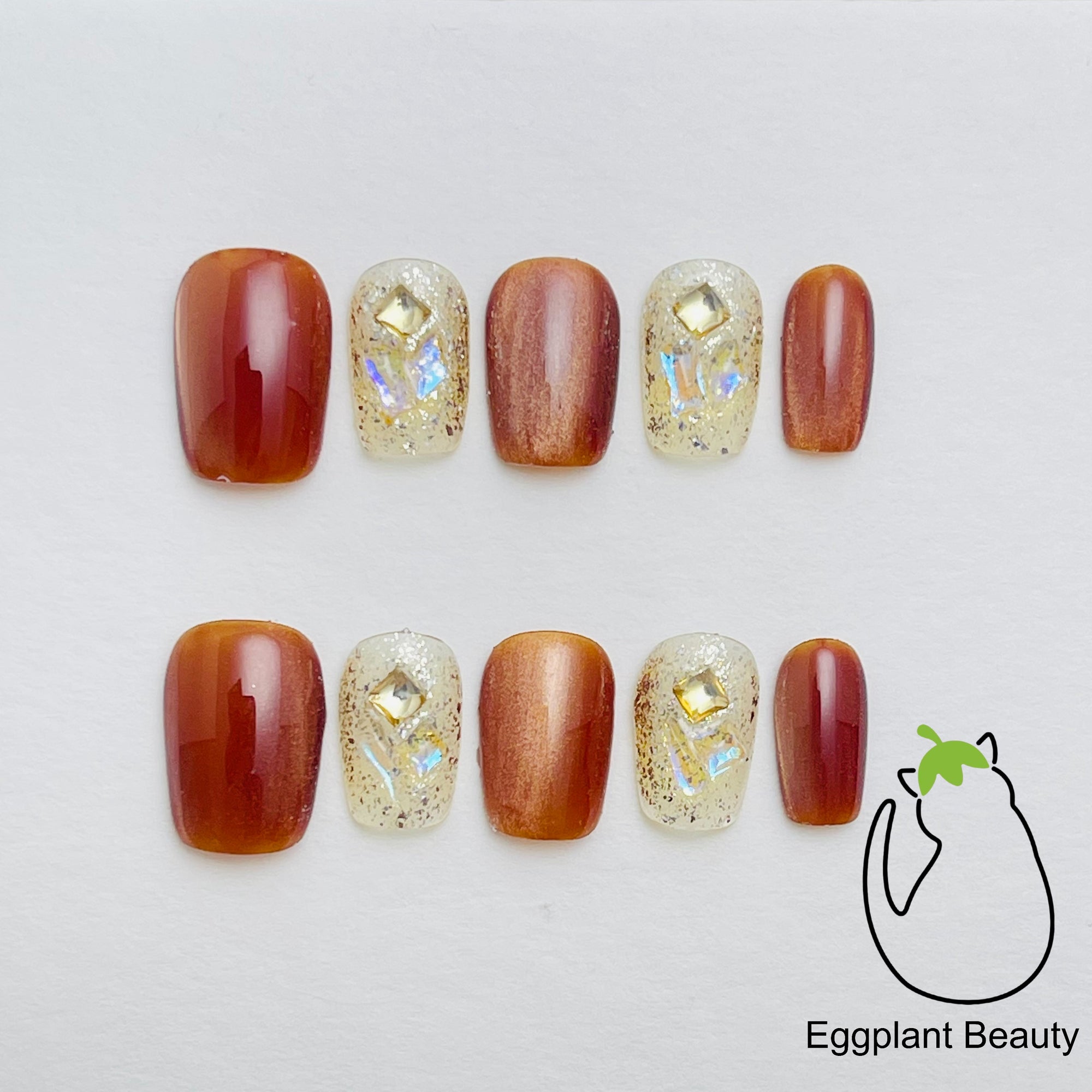 Earl Grey Malade Press On Nails - Magnetic Cat Eye & Caramel Sparkle (10Pcs)