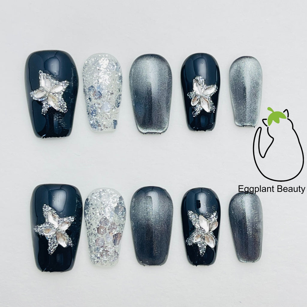 Y2K Candy Punk Press On Nails - Glitter Cat Eye, Pearls & Star Charms (10Pcs)