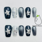 Y2K Candy Punk Press On Nails - Glitter Cat Eye, Pearls & Star Charms (10Pcs)