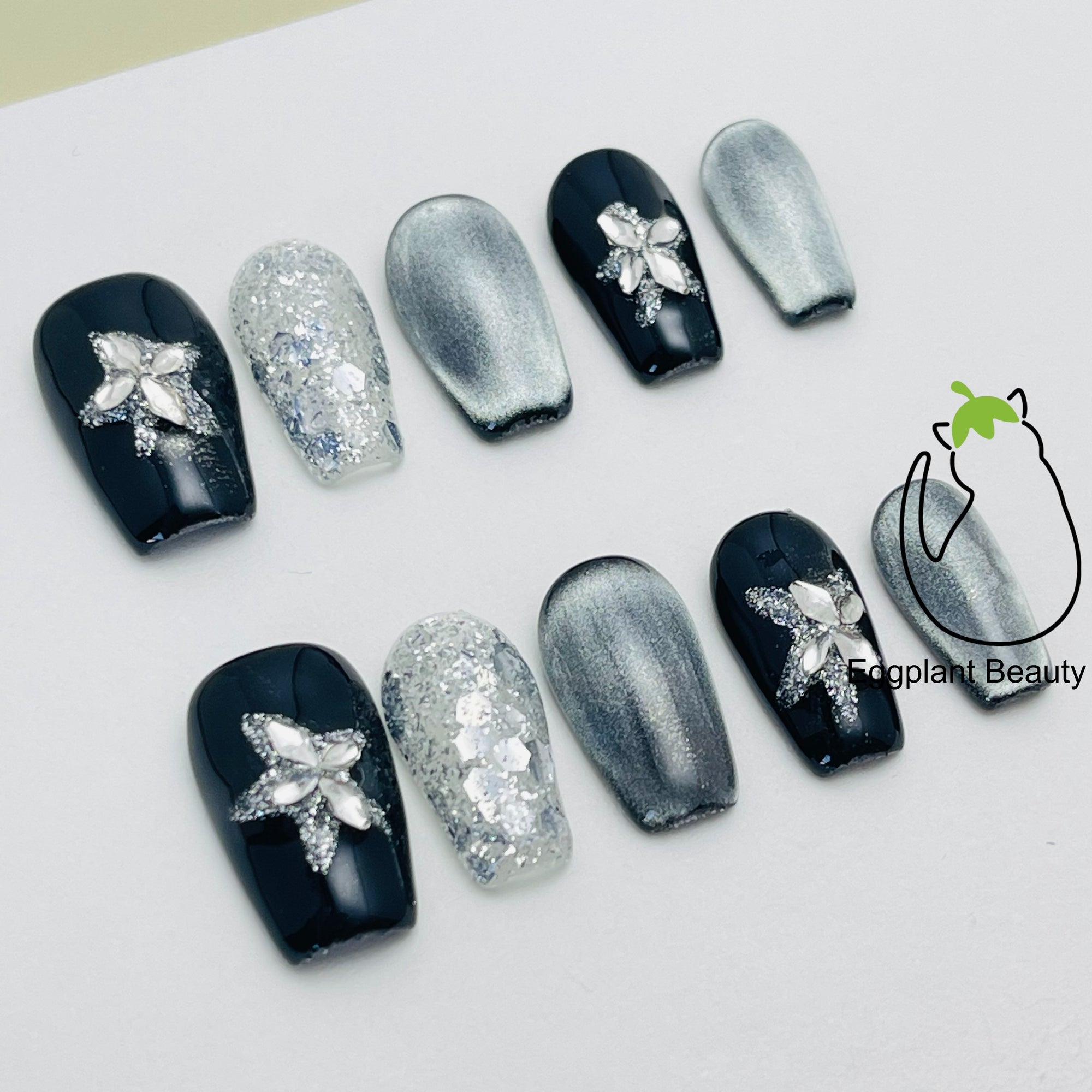 Y2K Candy Punk Press On Nails - Glitter Cat Eye, Pearls & Star Charms (10Pcs)
