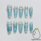 EPBeauty "Celestial Veil" Long Couture Cat Eye Press On Nails | Hand-Encrusted Ice Diamond Florals