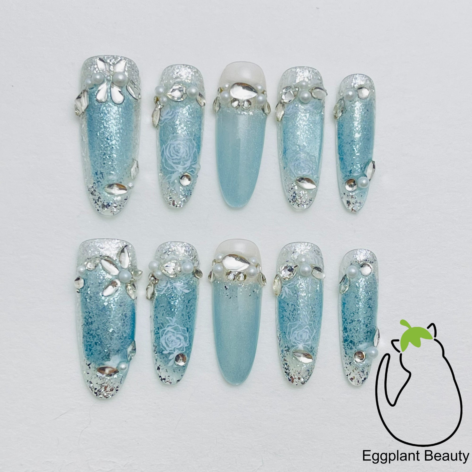 EPBeauty "Celestial Veil" Long Couture Cat Eye Press On Nails | Hand-Encrusted Ice Diamond Florals