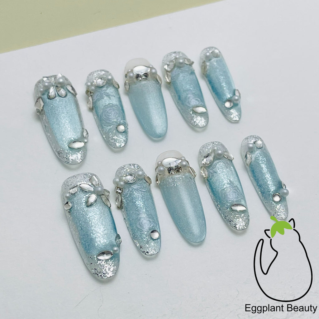 EPBeauty "Celestial Veil" Long Couture Cat Eye Press On Nails | Hand-Encrusted Ice Diamond Florals