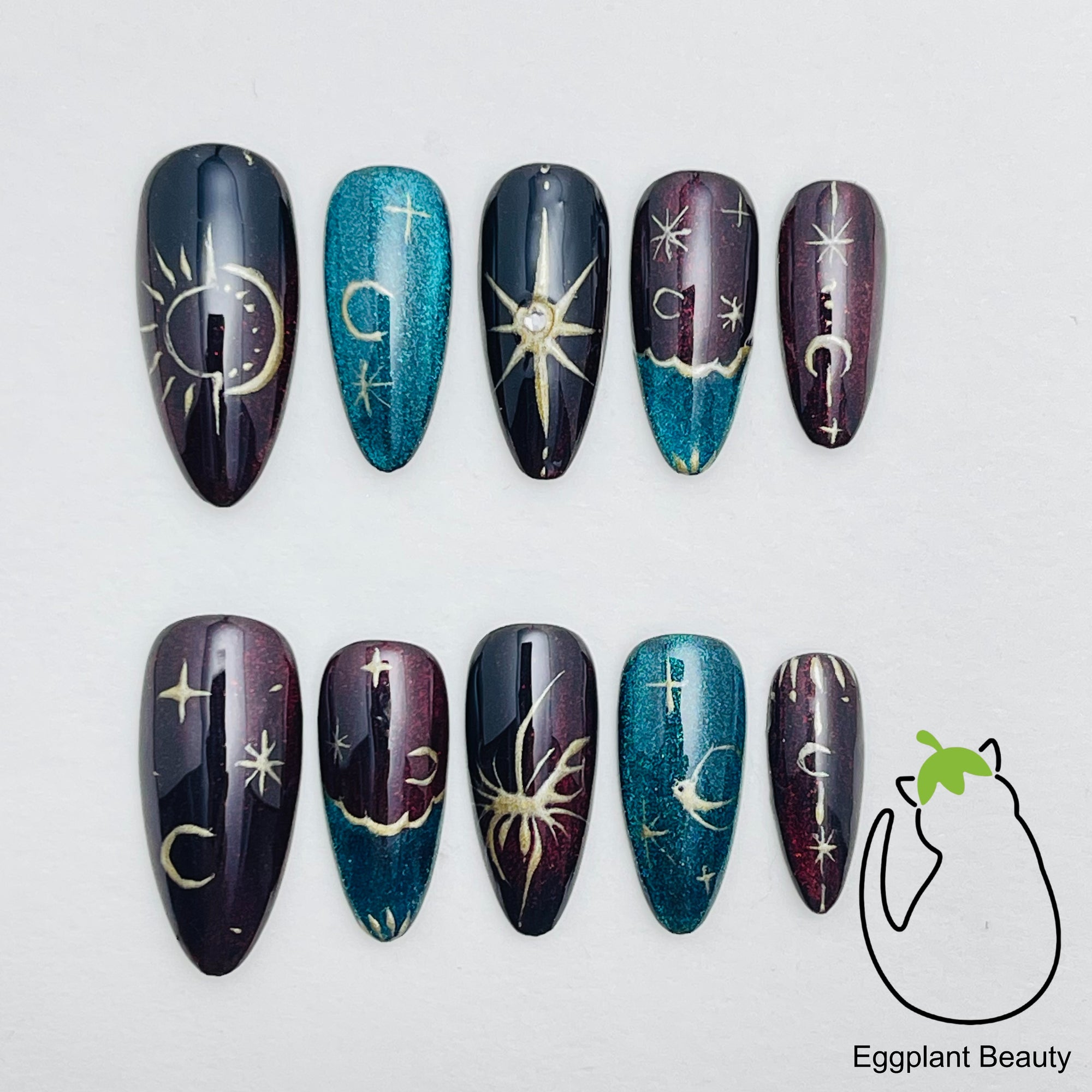 Vintage 3D Teardrop Press On Nails - Hand-Painted Red & Blue Baroque Art (10Pcs)