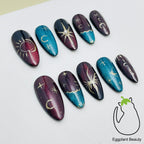 Vintage 3D Teardrop Press On Nails - Hand-Painted Red & Blue Baroque Art (10Pcs)