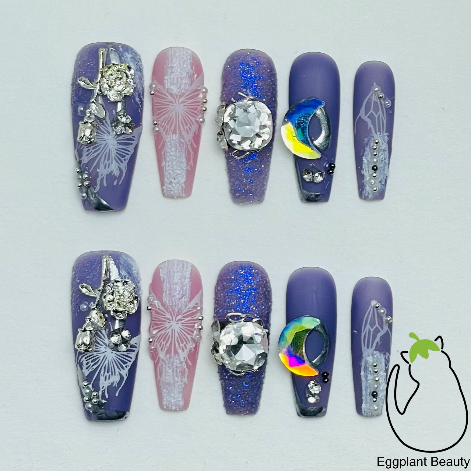 Ethereal Luxe Press On Nails - 3D Floating Butterflies & Micro Crystal Sparkle (10Pcs)