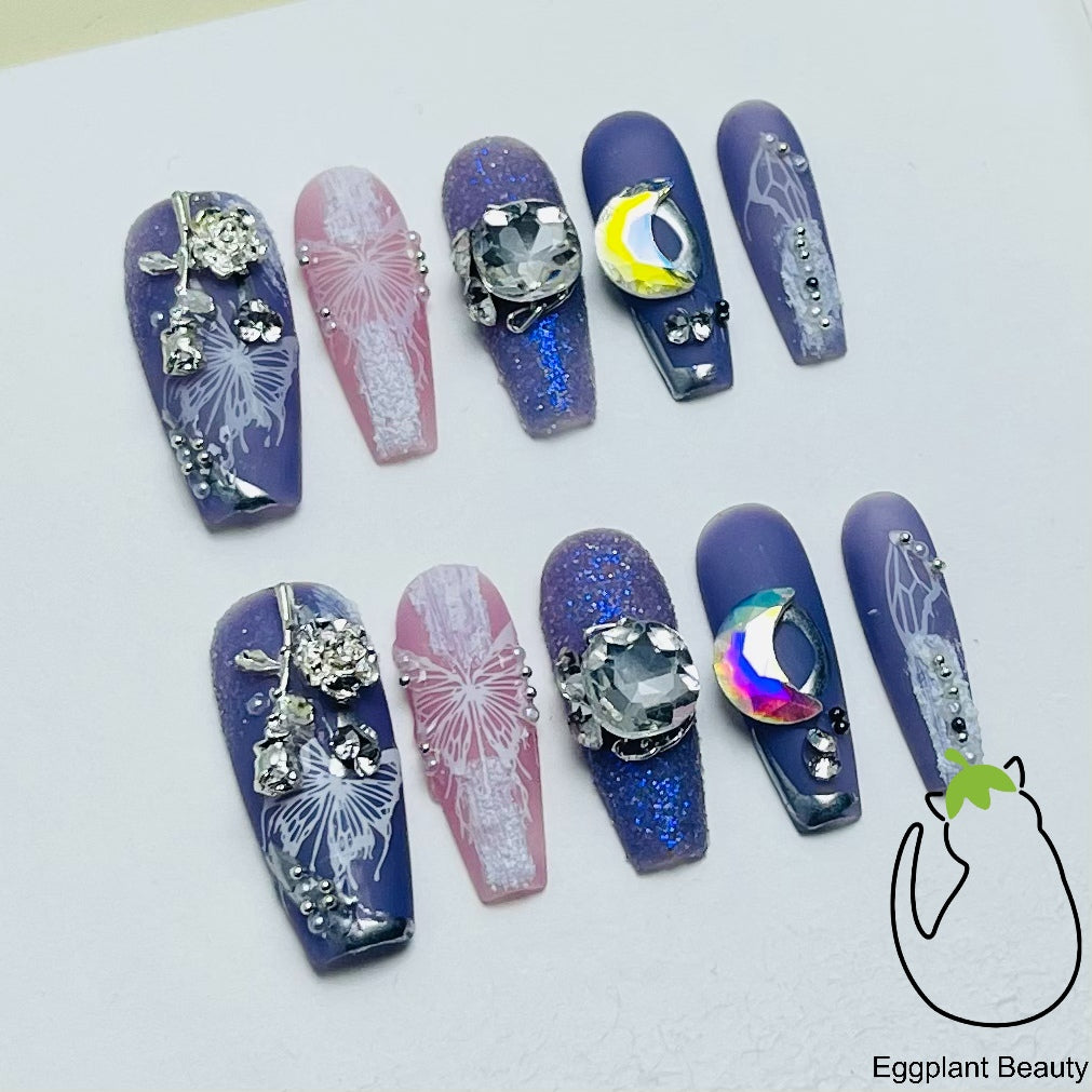 Ethereal Luxe Press On Nails - 3D Floating Butterflies & Micro Crystal Sparkle (10Pcs)
