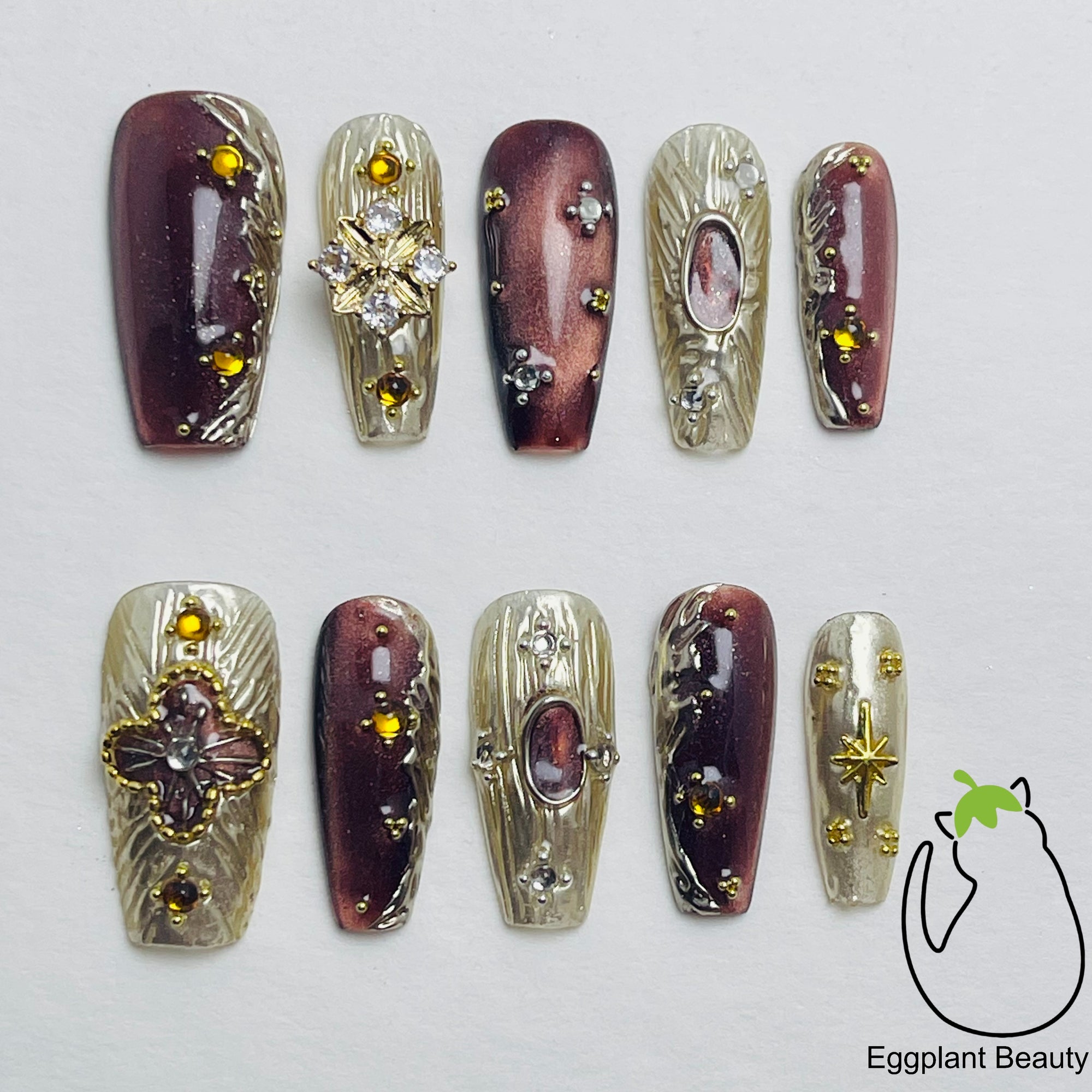 Luxe Baroque Press On Nails - Maillard Brown & Opera House Filigree Design (10Pcs)