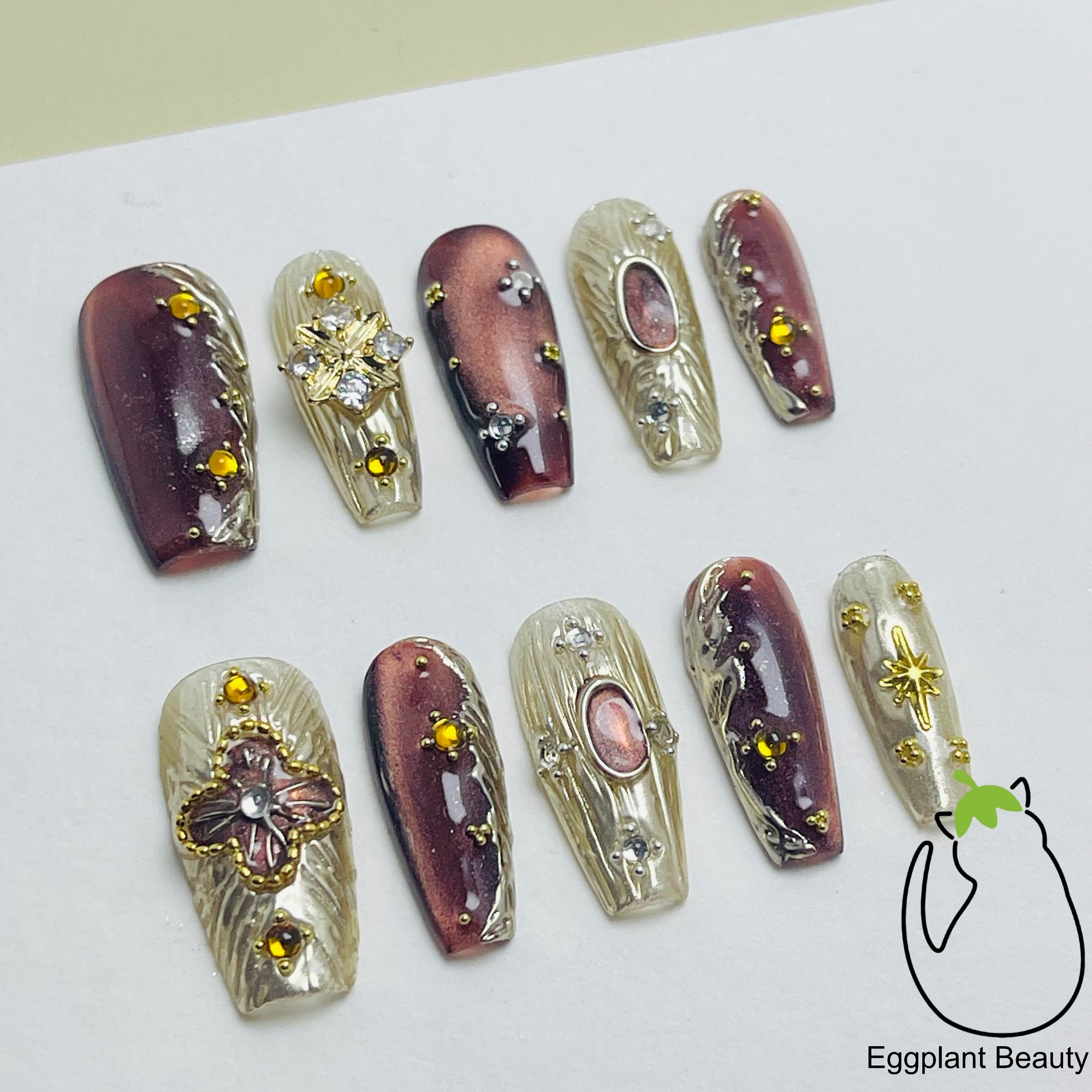 Luxe Baroque Press On Nails - Maillard Brown & Opera House Filigree Design (10Pcs)