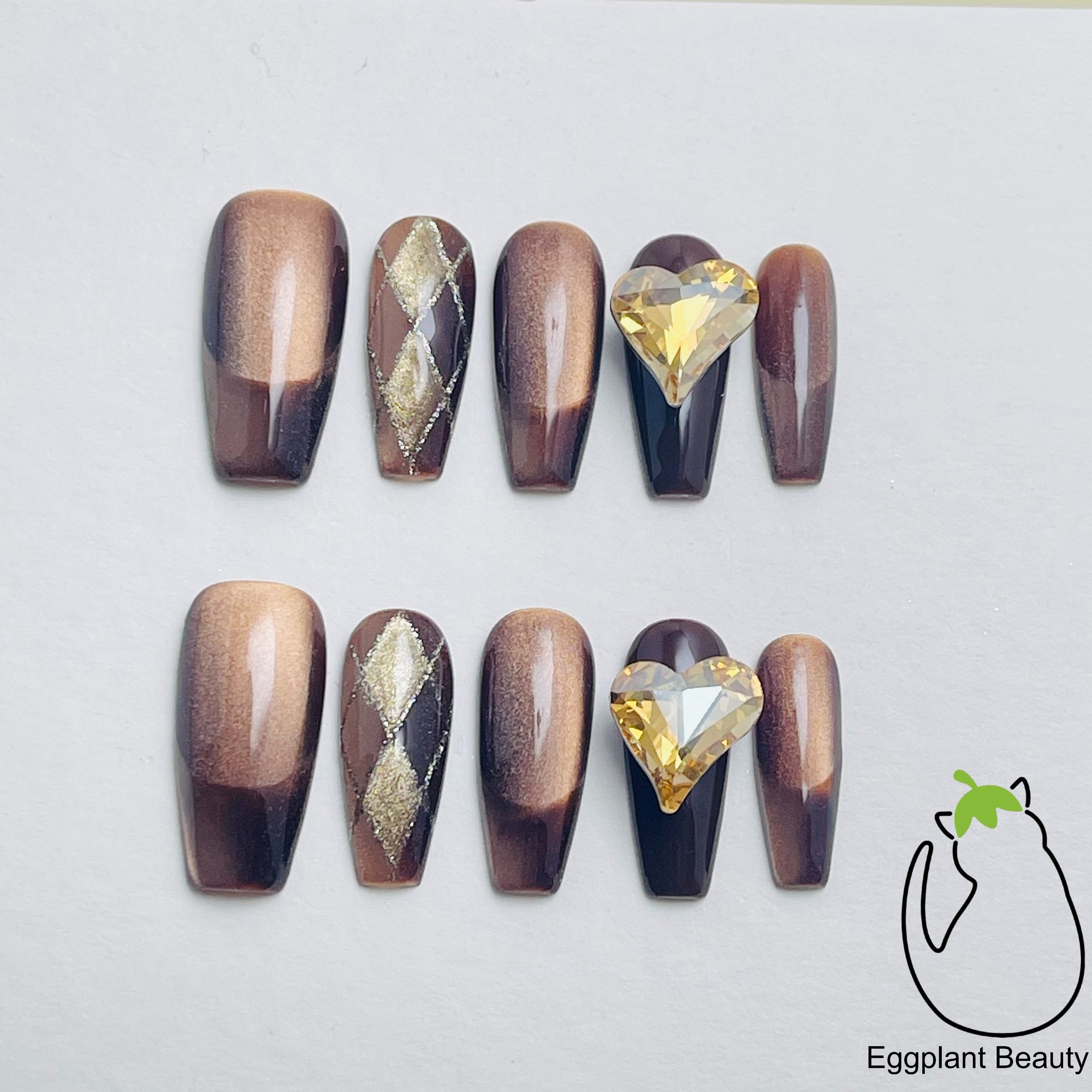 Malade Press On Nails - Mocha Brown French Tip & Holographic Fluid Sand (10Pcs)