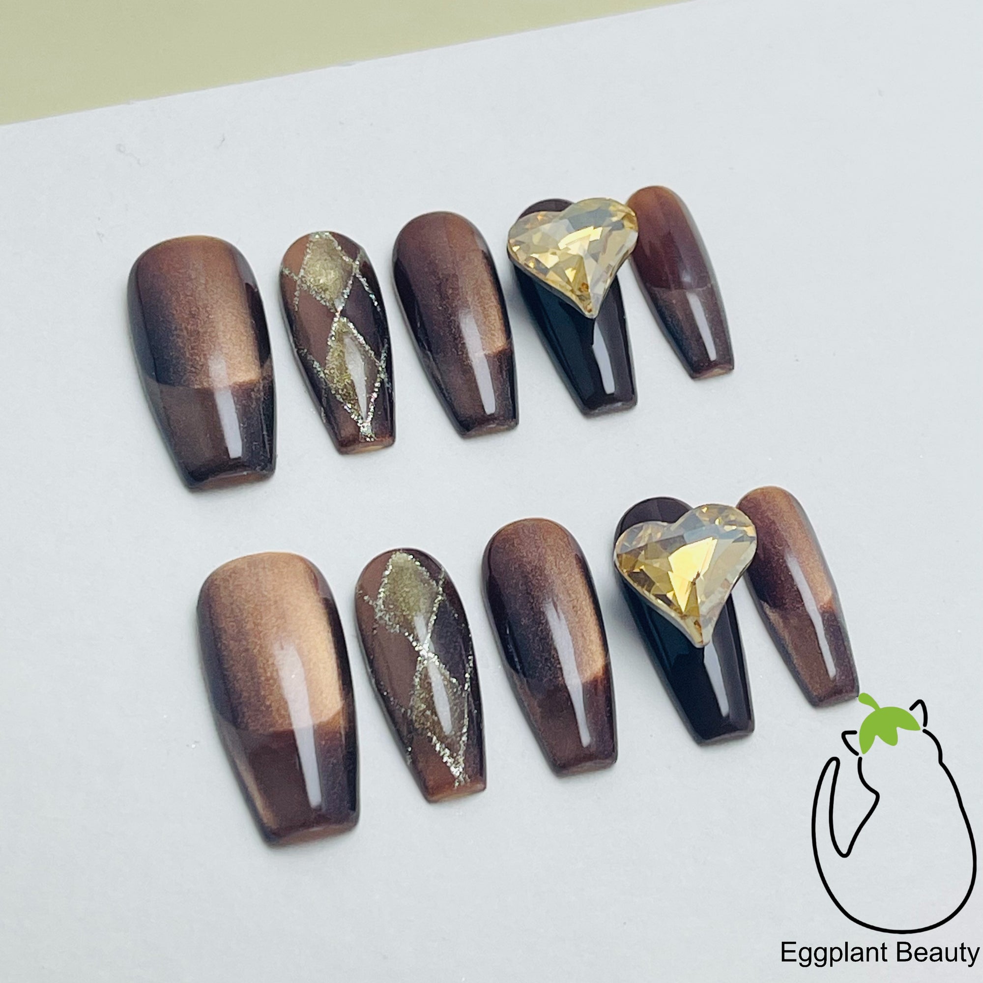 Malade Press On Nails - Mocha Brown French Tip & Holographic Fluid Sand (10Pcs)
