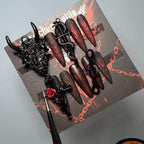 Nocturnal Ritual Press On Nails - Gothic Demon Mask & Cross Design with Crimson Veil (10Pcs)