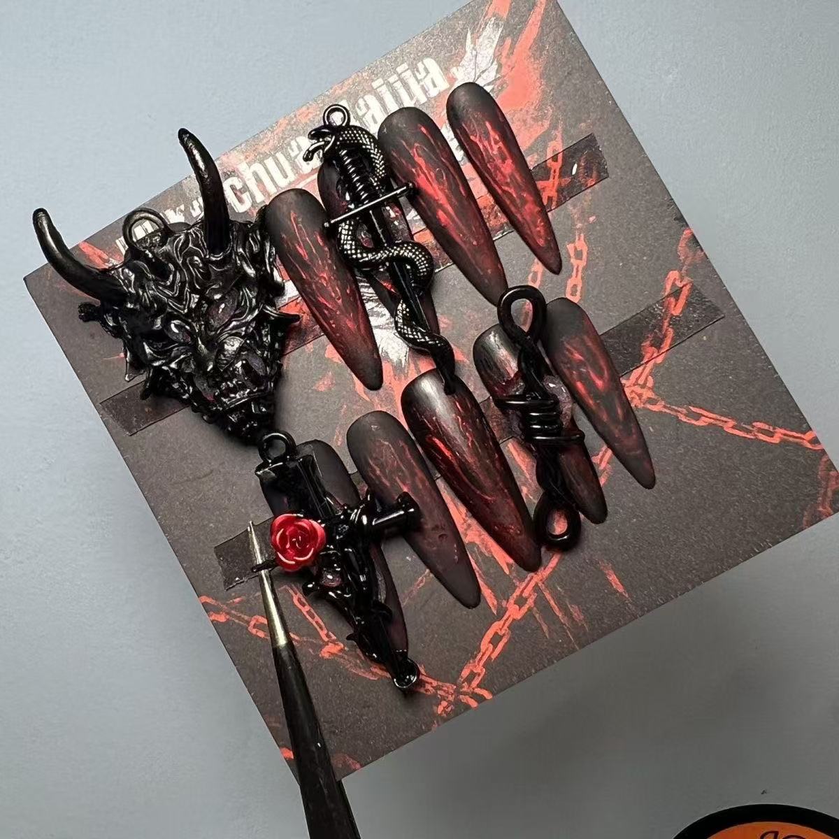 Nocturnal Ritual Press On Nails - Gothic Demon Mask & Cross Design with Crimson Veil (10Pcs)