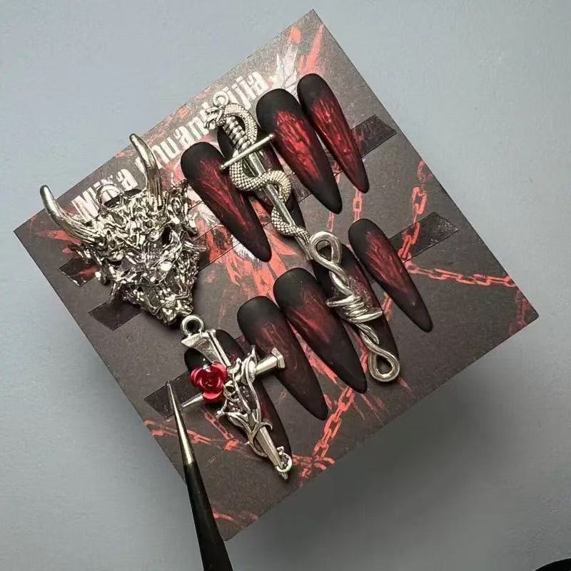 Nocturnal Ritual Press On Nails - Gothic Demon Mask & Cross Design with Crimson Veil (10Pcs)