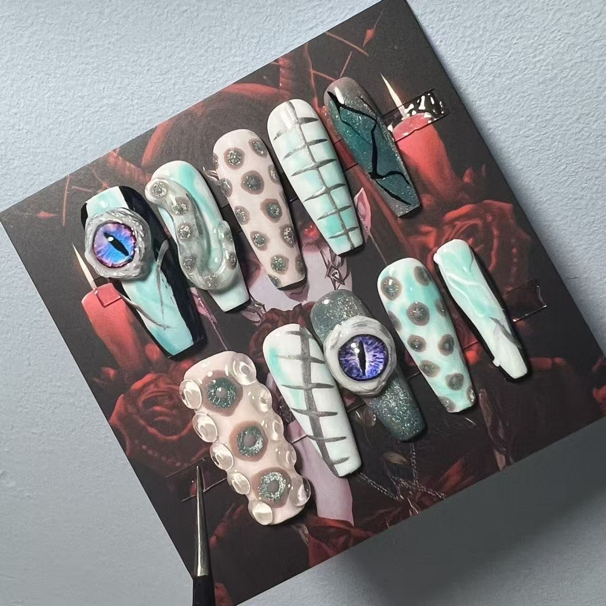 Eldritch Elegance Press On Nails - Pearl White with Eye & Tentacle Art (24Pcs)