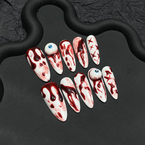 Bloody Mary Cocktail Press On Nails - Floating Eyeball & Crimson Splatter Art (10Pcs)
