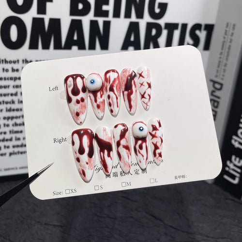 Bloody Mary Cocktail Press On Nails - Floating Eyeball & Crimson Splatter Art (10Pcs)