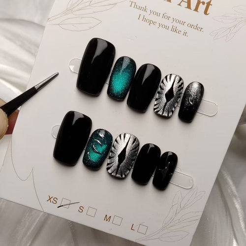 Abyssal Gaze Press On Nails - Silver Evil Eye on Black with Teal Cat Eye (10Pcs)