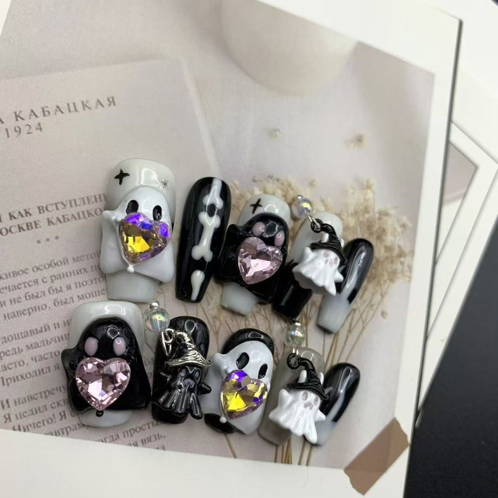 Crystal Grove Press On Nails - Pink Quartz & Ethereal Spirits in Black & White (10Pcs)