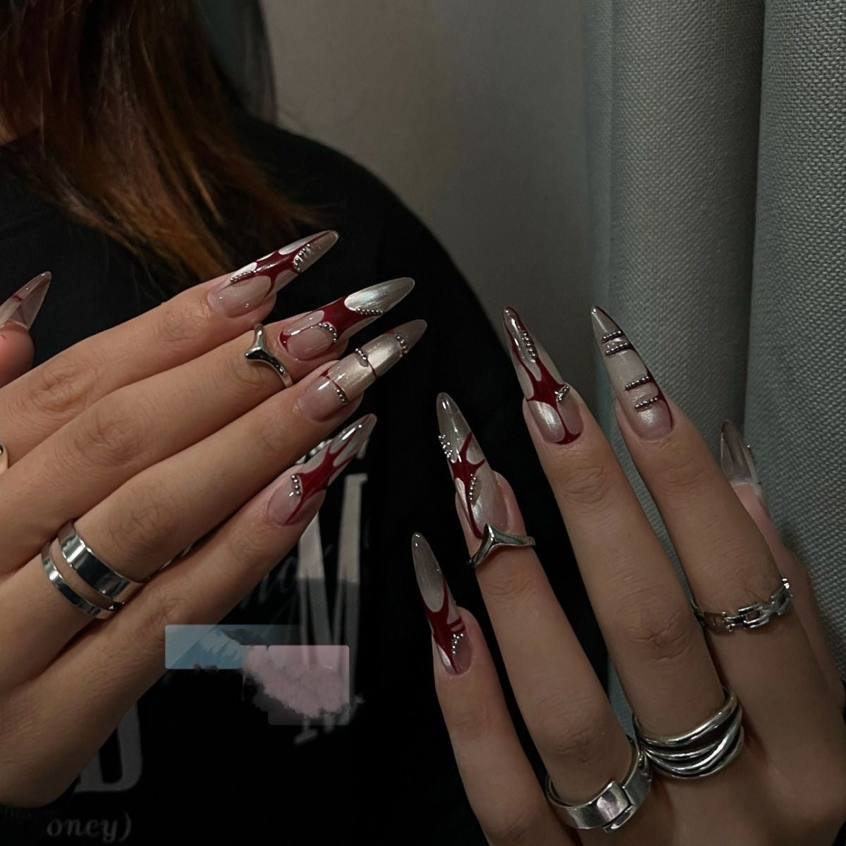 Midnight Crimson Press On Nails - Gothic Lace & Blood Wine Stain for Halloween (10Pcs)