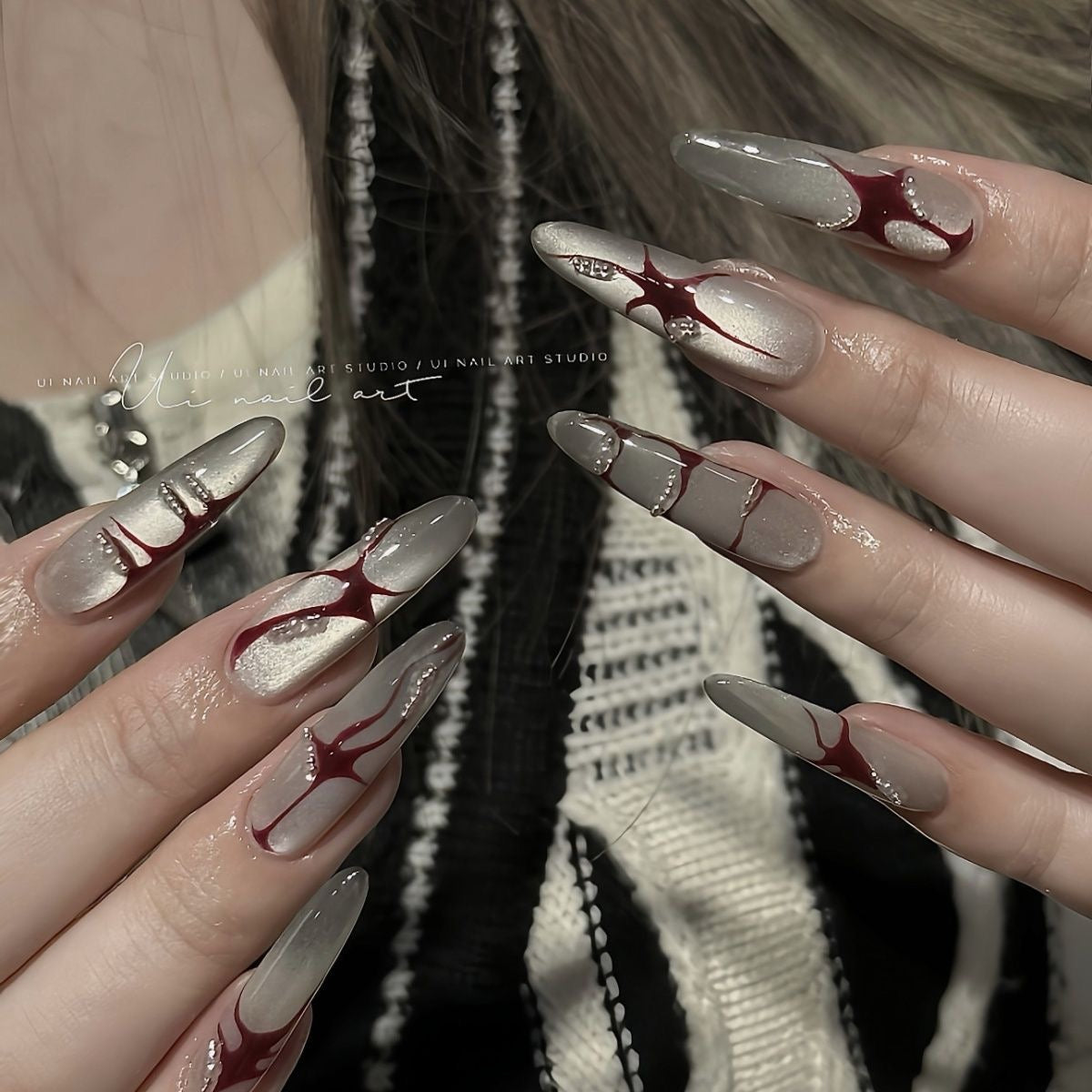 Midnight Crimson Press On Nails - Gothic Lace & Blood Wine Stain for Halloween (10Pcs)