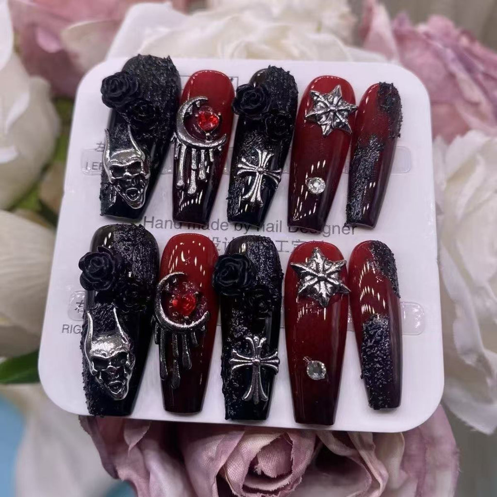 Gothic Chapel Press On Nails - Black Rose, Skull & Cross in Blood-Red Stained Glass (10Pcs)