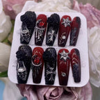 Gothic Chapel Press On Nails - Black Rose, Skull & Cross in Blood-Red Stained Glass (10Pcs)