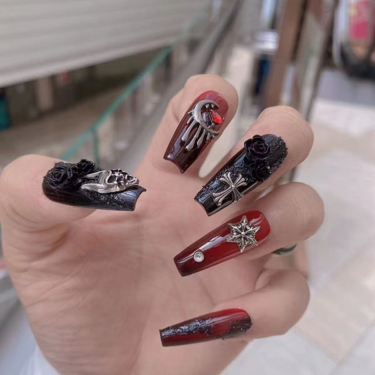 Gothic Chapel Press On Nails - Black Rose, Skull & Cross in Blood-Red Stained Glass (10Pcs)