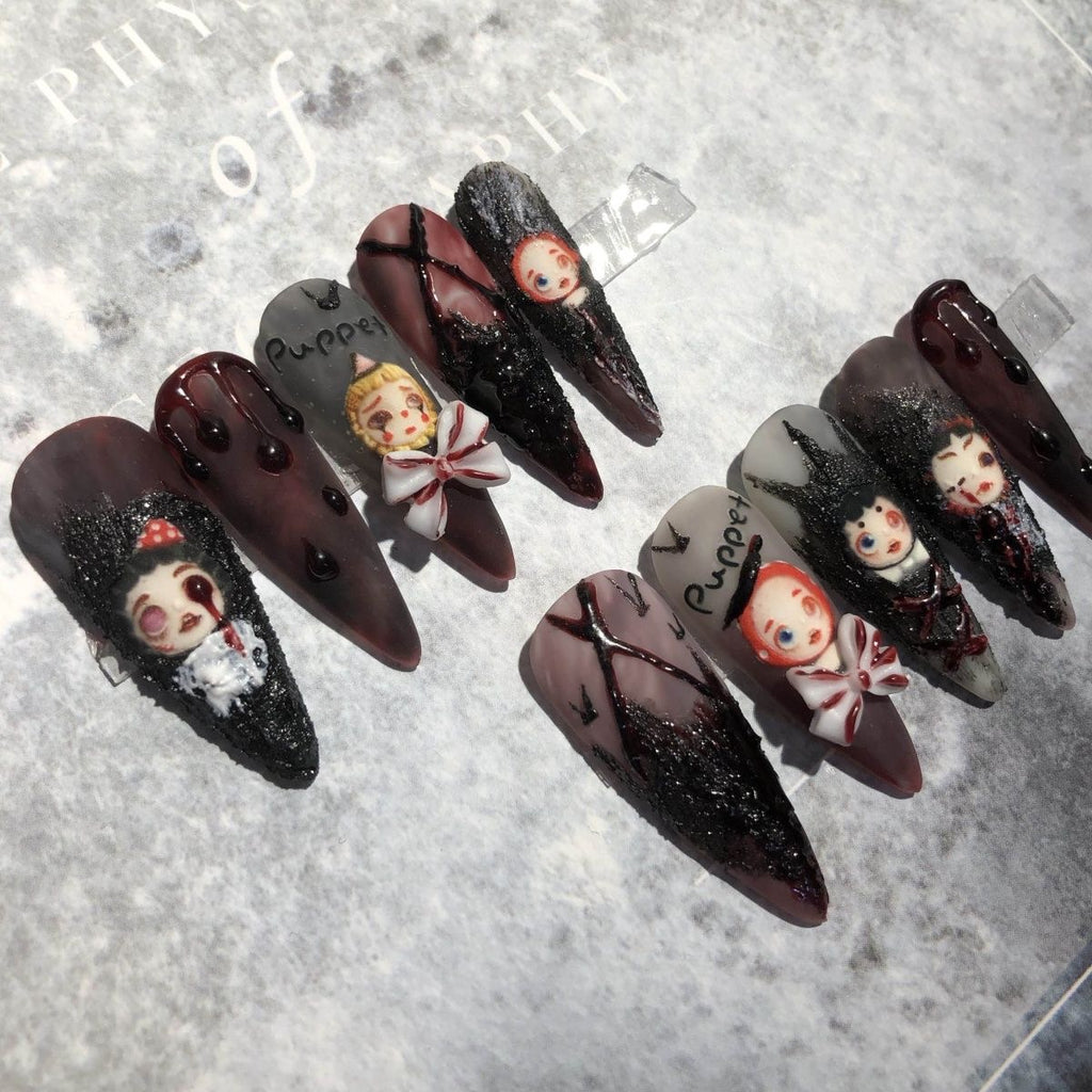 Possessed Porcelain Press On Nails - Haunted Doll with Crimson Teardrops for Halloween (10Pcs)
