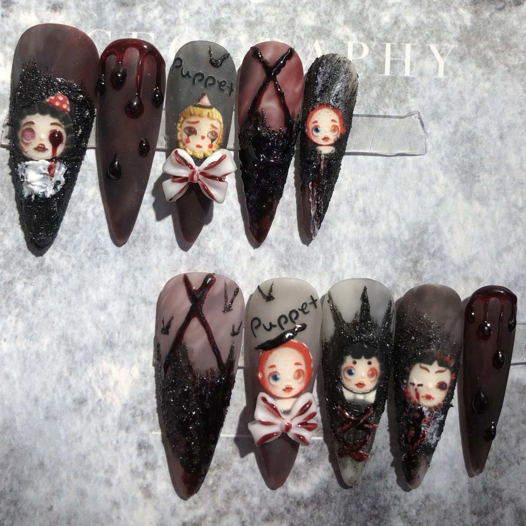 Possessed Porcelain Press On Nails - Haunted Doll with Crimson Teardrops for Halloween (10Pcs)