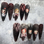 Possessed Porcelain Press On Nails - Haunted Doll with Crimson Teardrops for Halloween (10Pcs)
