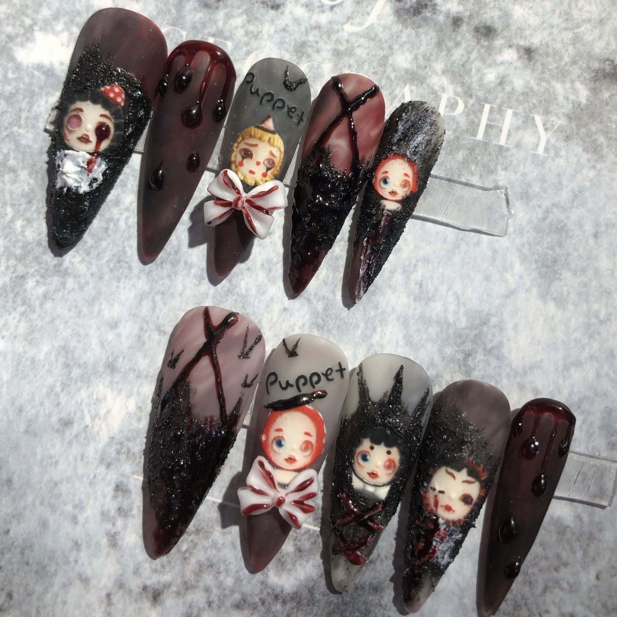 Possessed Porcelain Press On Nails - Haunted Doll with Crimson Teardrops for Halloween (10Pcs)