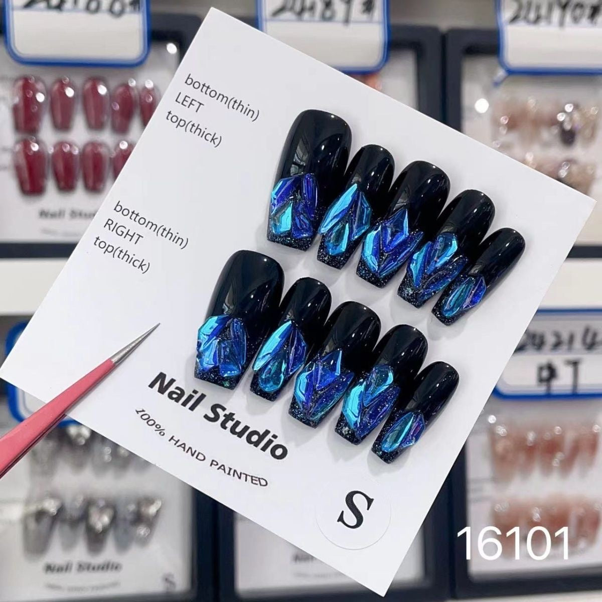 Sapphire Glow Press On Nails - Shifting Cat Eye & Icy Shards (10Pcs)