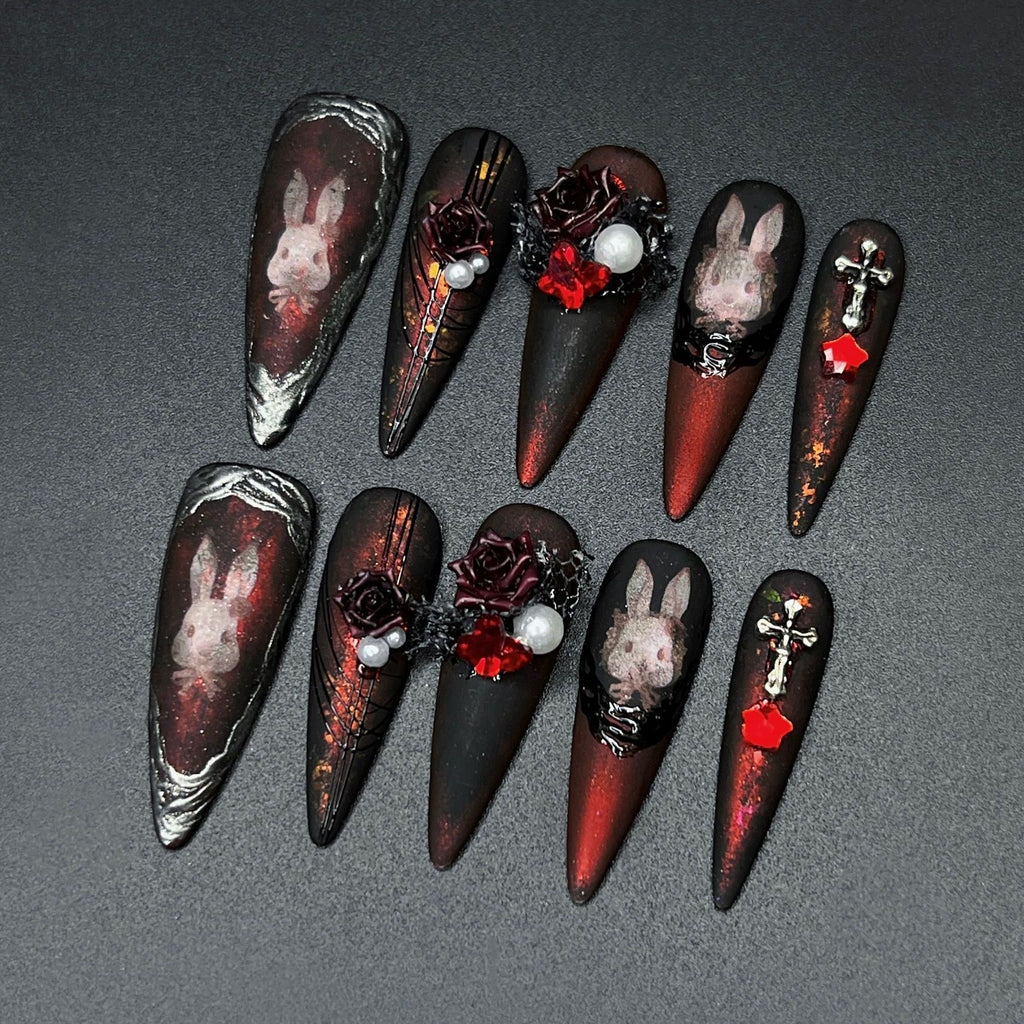Velvet Rabbit Nocturne Press On Nails - Gothic Black Roses & Moonlit Silhouette (10Pcs)