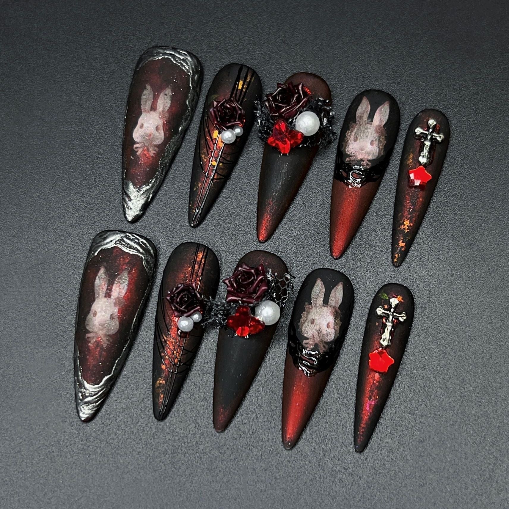 Velvet Rabbit Nocturne Press On Nails - Gothic Black Roses & Moonlit Silhouette (10Pcs)