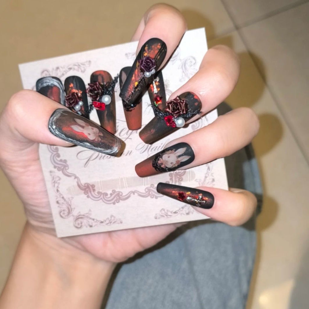Velvet Rabbit Nocturne Press On Nails - Gothic Black Roses & Moonlit Silhouette (10Pcs)