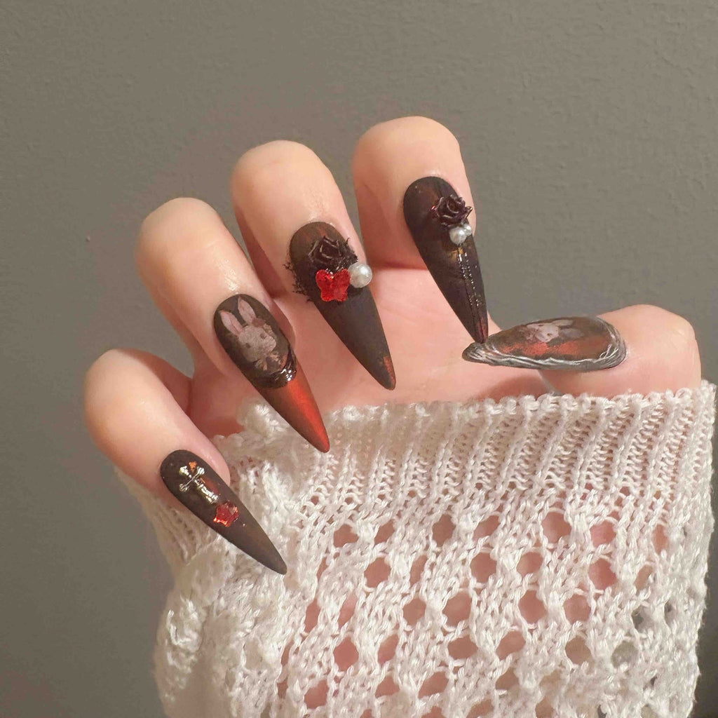 Velvet Rabbit Nocturne Press On Nails - Gothic Black Roses & Moonlit Silhouette (10Pcs)