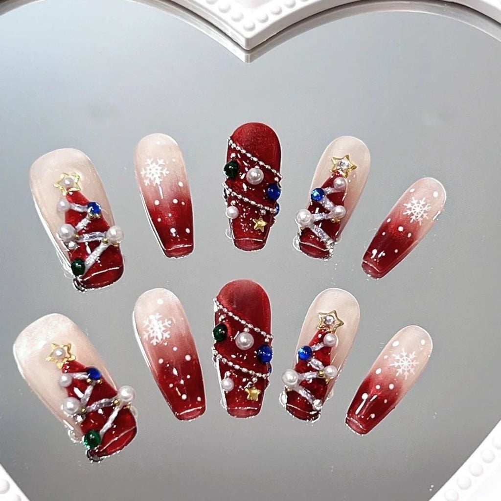 Crimson Carol Press On Nails - Pearl-Embellished Snowflakes on Velvet Red (10Pcs)