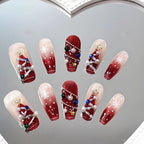 Crimson Carol Press On Nails - Pearl-Embellished Snowflakes on Velvet Red (10Pcs)