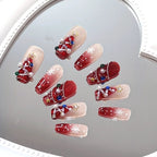 Crimson Carol Press On Nails - Pearl-Embellished Snowflakes on Velvet Red (10Pcs)
