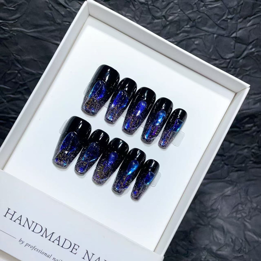 Sapphire Glow Press On Nails - Shifting Cat Eye & Icy Shards (10Pcs)