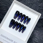 Sapphire Glow Press On Nails - Shifting Cat Eye & Icy Shards (10Pcs)