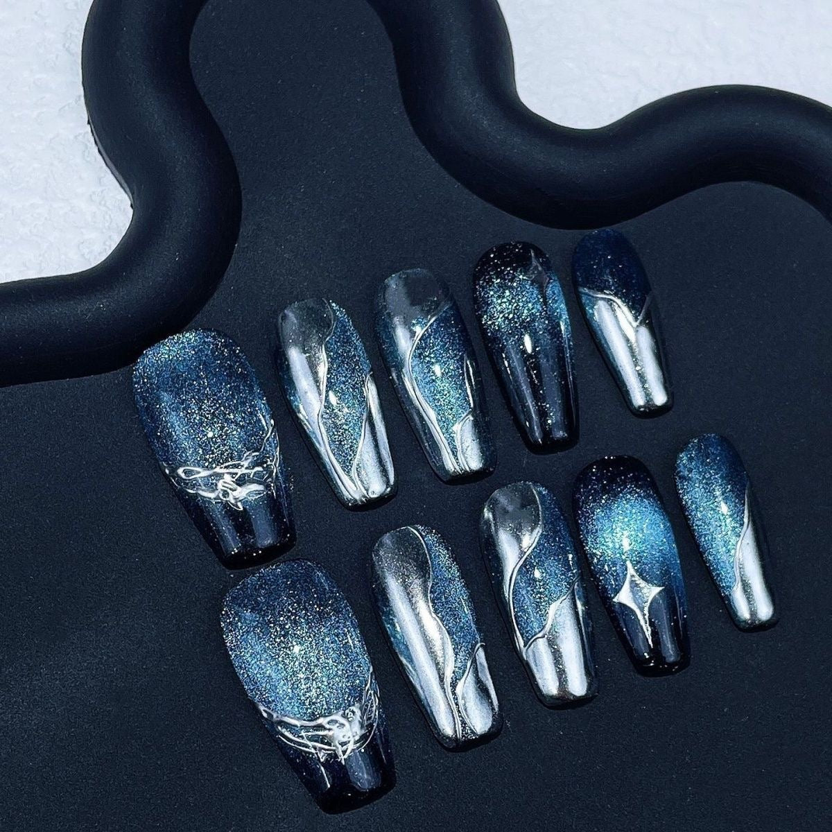 Mercurial Abyss Press On Nails - Liquid Chrome Cat Eye & Sapphire Mirror (10Pcs)