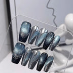 Mercurial Abyss Press On Nails - Liquid Chrome Cat Eye & Sapphire Mirror (10Pcs)